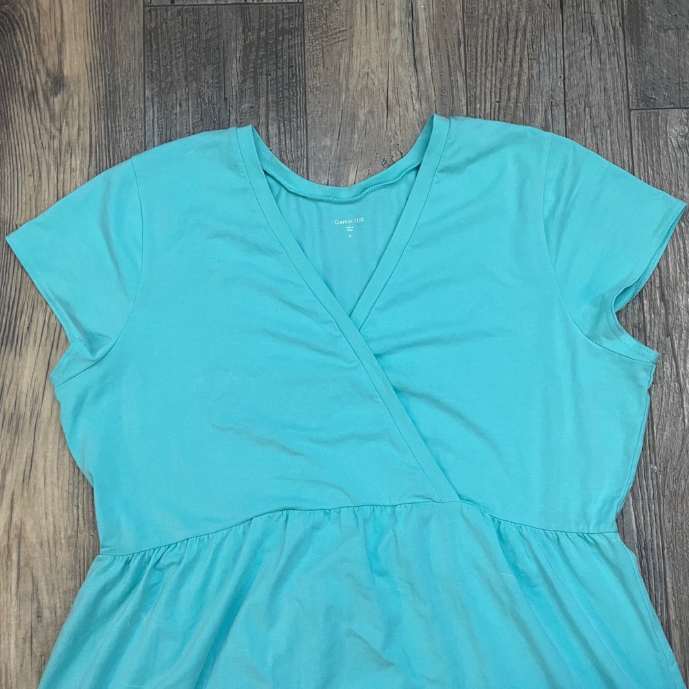 Garnet Hill Aqua‎ Blue Wrap Peplum Top XL Short Sleeve V Neck Casual